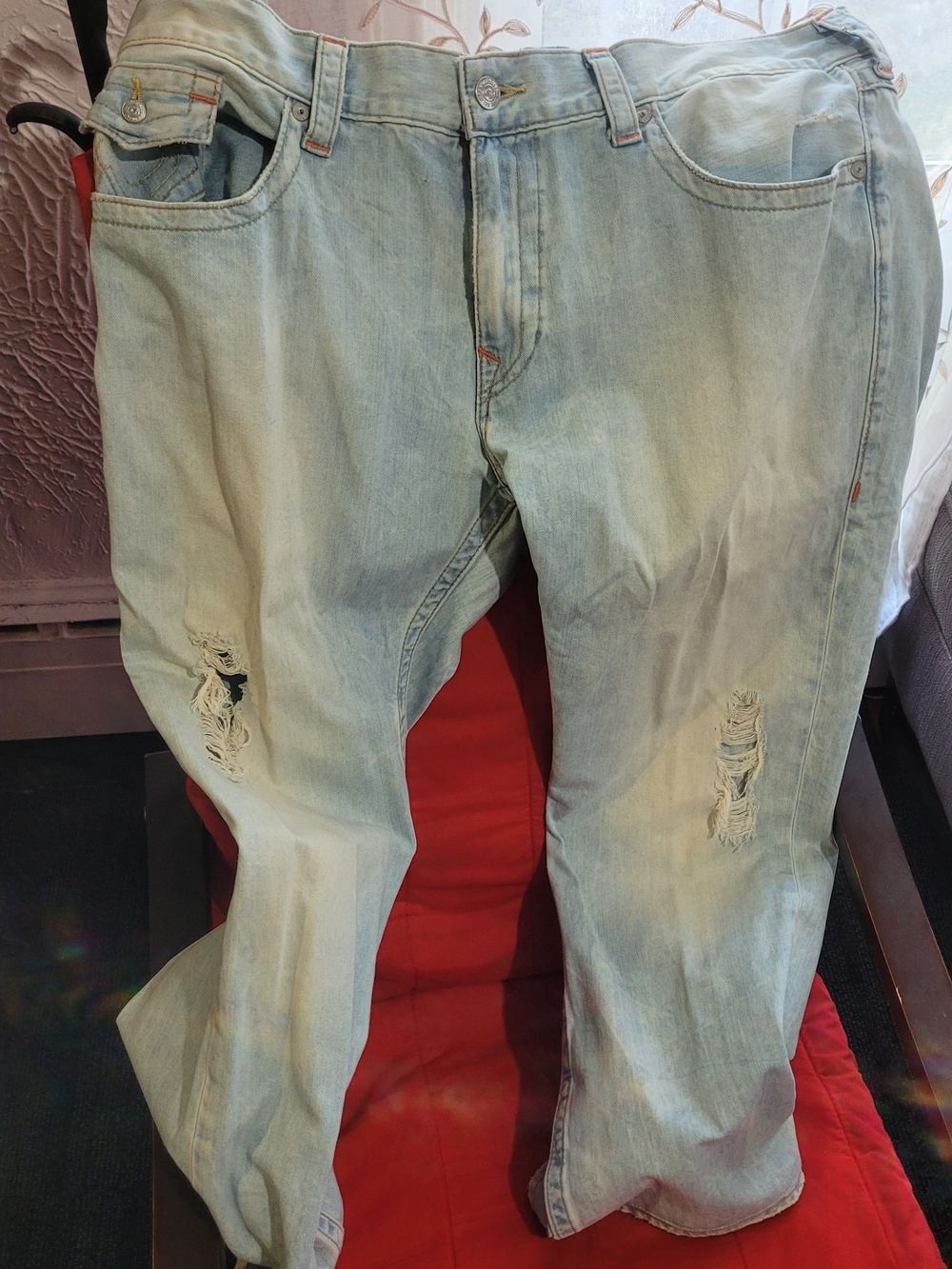 True Religion Light Blue Distressed Bootcut Jeans